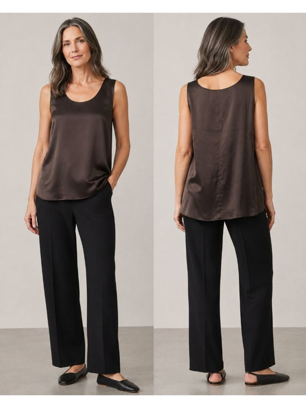 Eileen Fisher Stretch Silk Charmeuse Tank Top Dark Brown XLarge